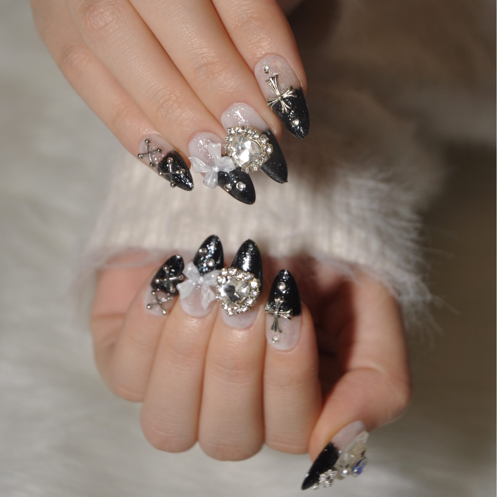 Handmade gothic press-on nails with diamond heart and pearl accents