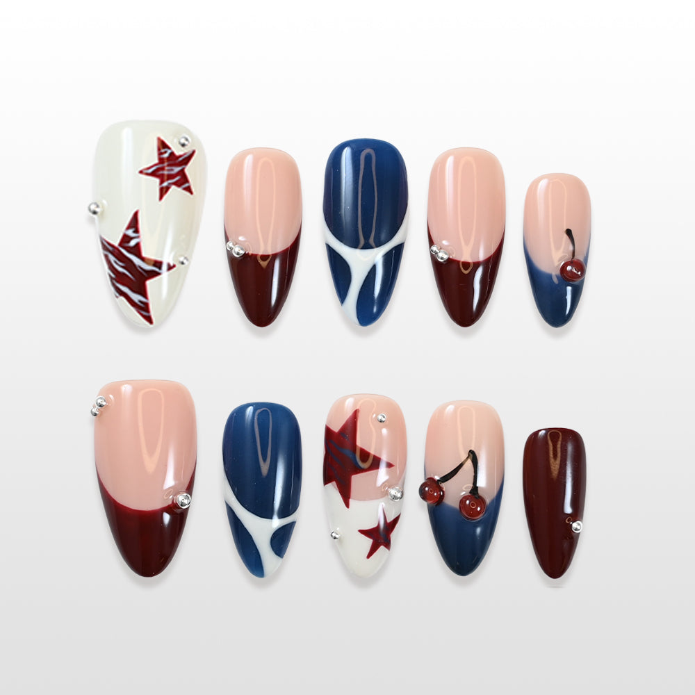 Charmeenail red white and blue press on nails with star art and cherry designs for summer