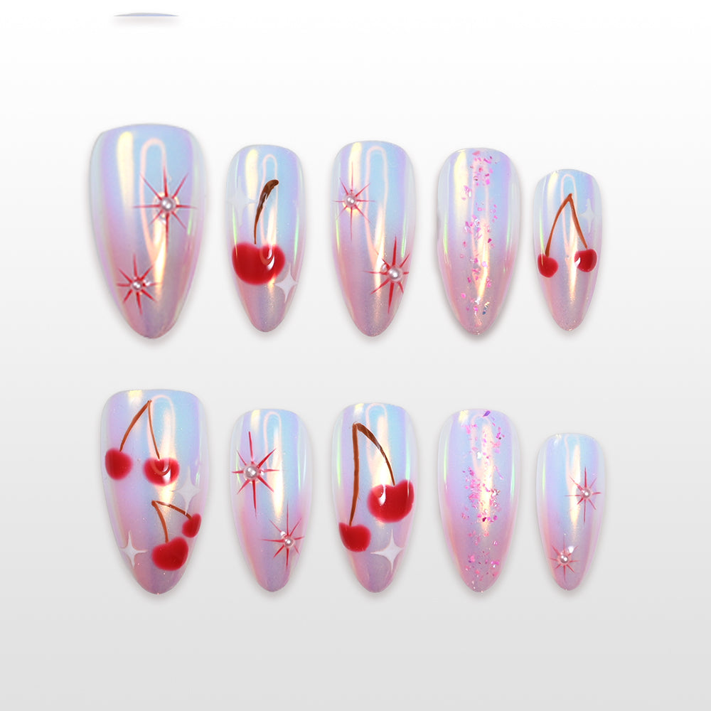 Charmeenail pink holographic press on nails with cherry design and sparkly star accents
