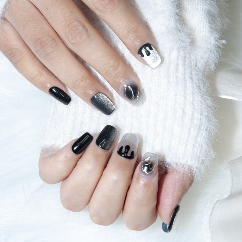 Handmade square nails in monochrome gradient and paint drip design