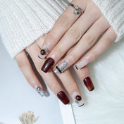 Handmade Short Coffin nails in wine red with pearl and gemstone nail art