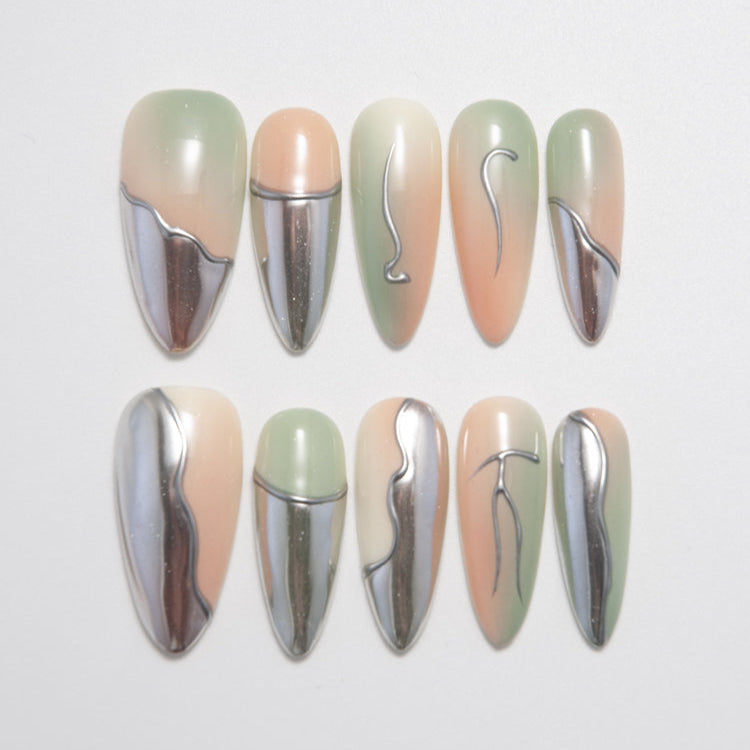 Minimalist green and silver gradient press-on nails with chrome accents