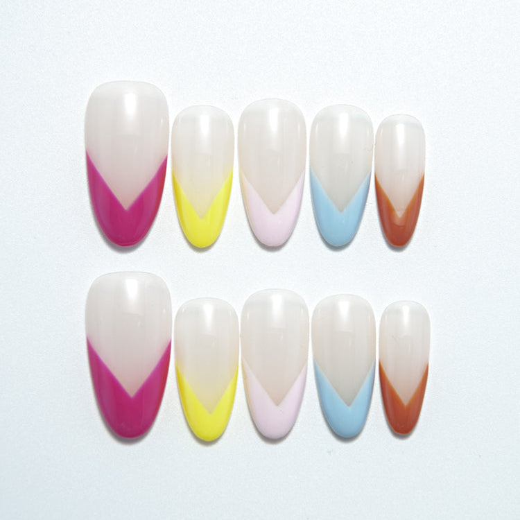 Handmade nude base nails with bright V-cut French tip design in multiple colors