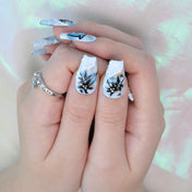 Ocean-inspired press-on nails with palm trees, flying birds, and 3D foam effect