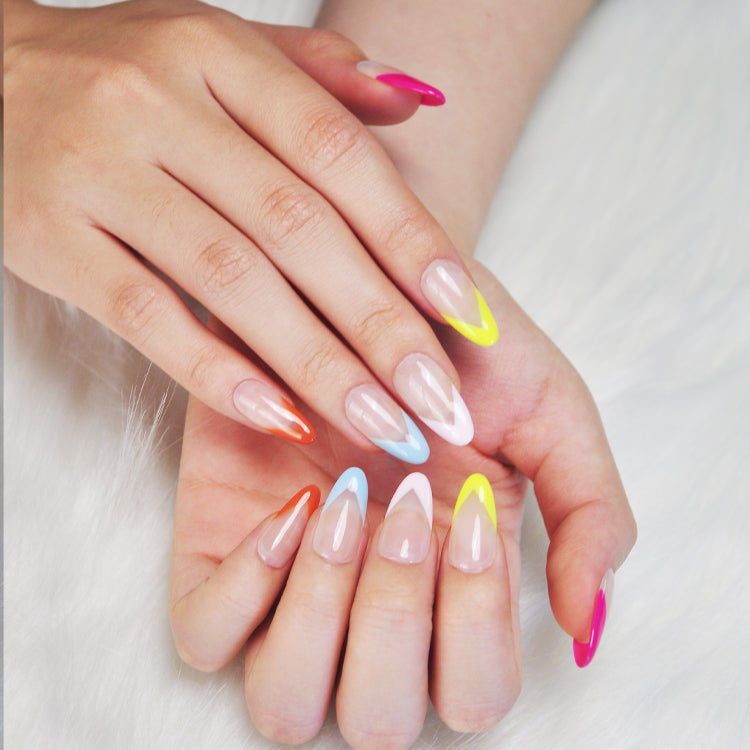 Trendy almond nails featuring bold colorful French tips for a playful summer look