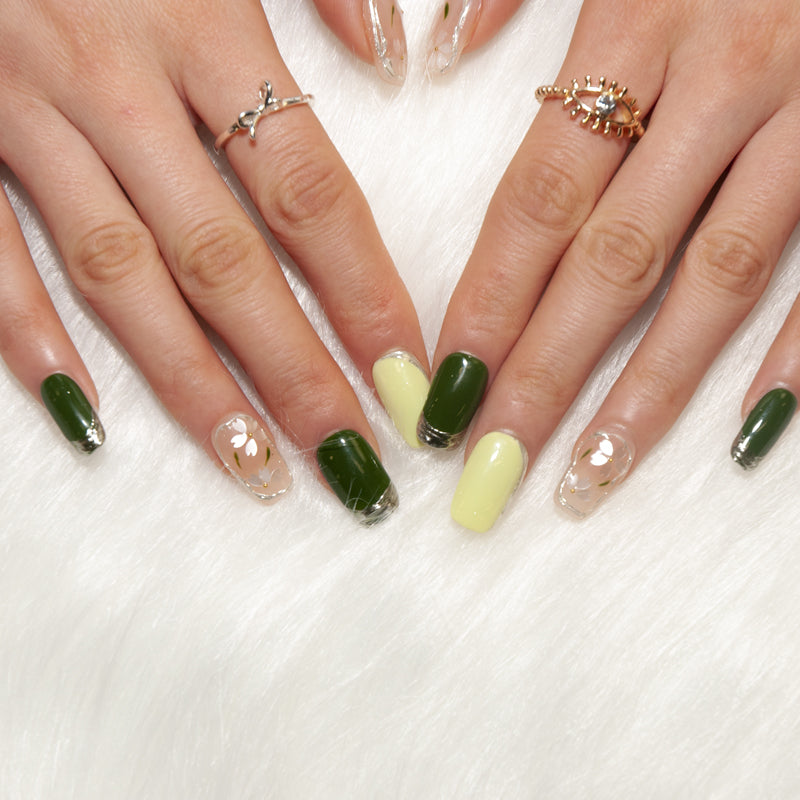 Handmade square nails in olive green, lime, and nude floral design