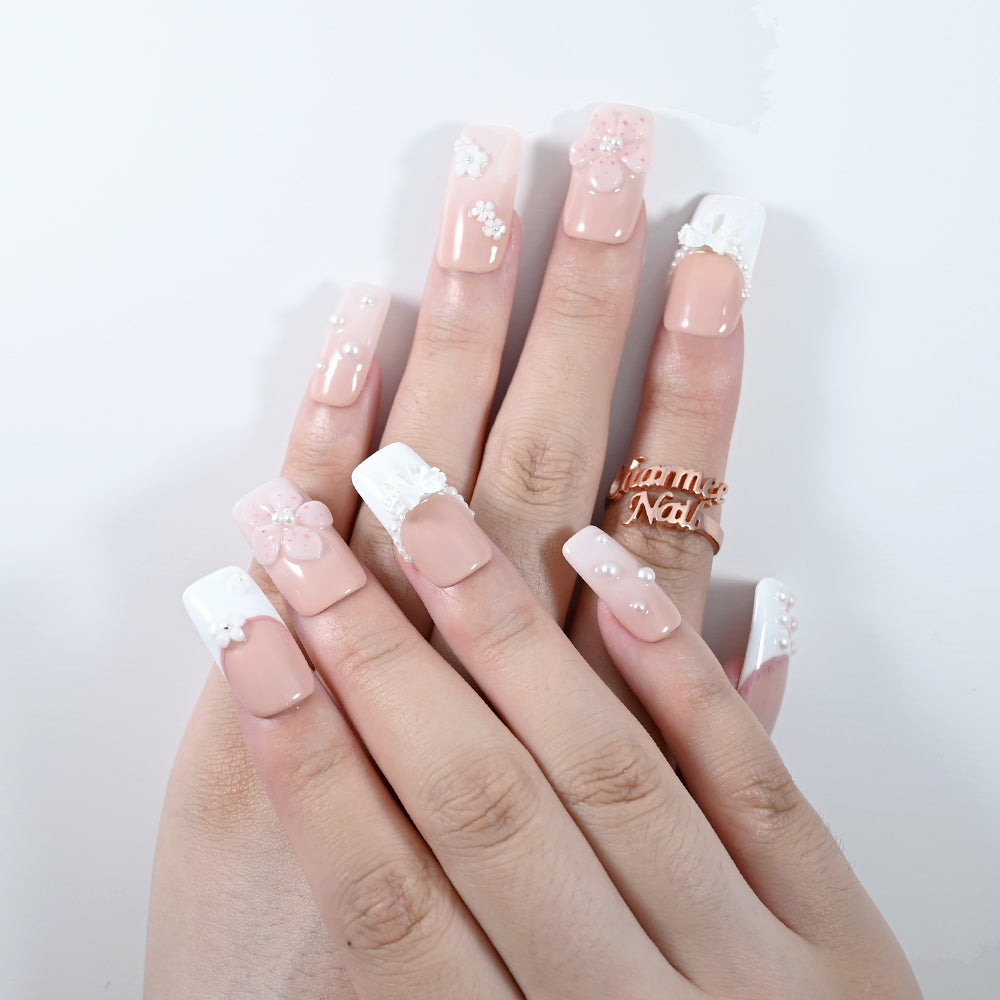 Bridal press-on nails with 3D flowers, pearl beads, and cute bows