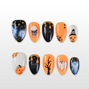 Handmade orange black press on nails with pumpkin, ghost and skull design