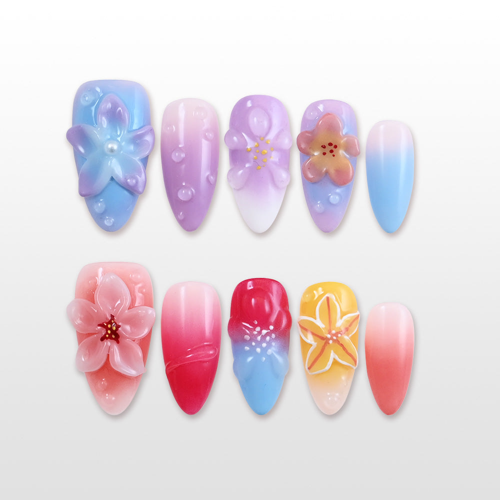 Gradient press-on nails with 3D floral design and water drop accents