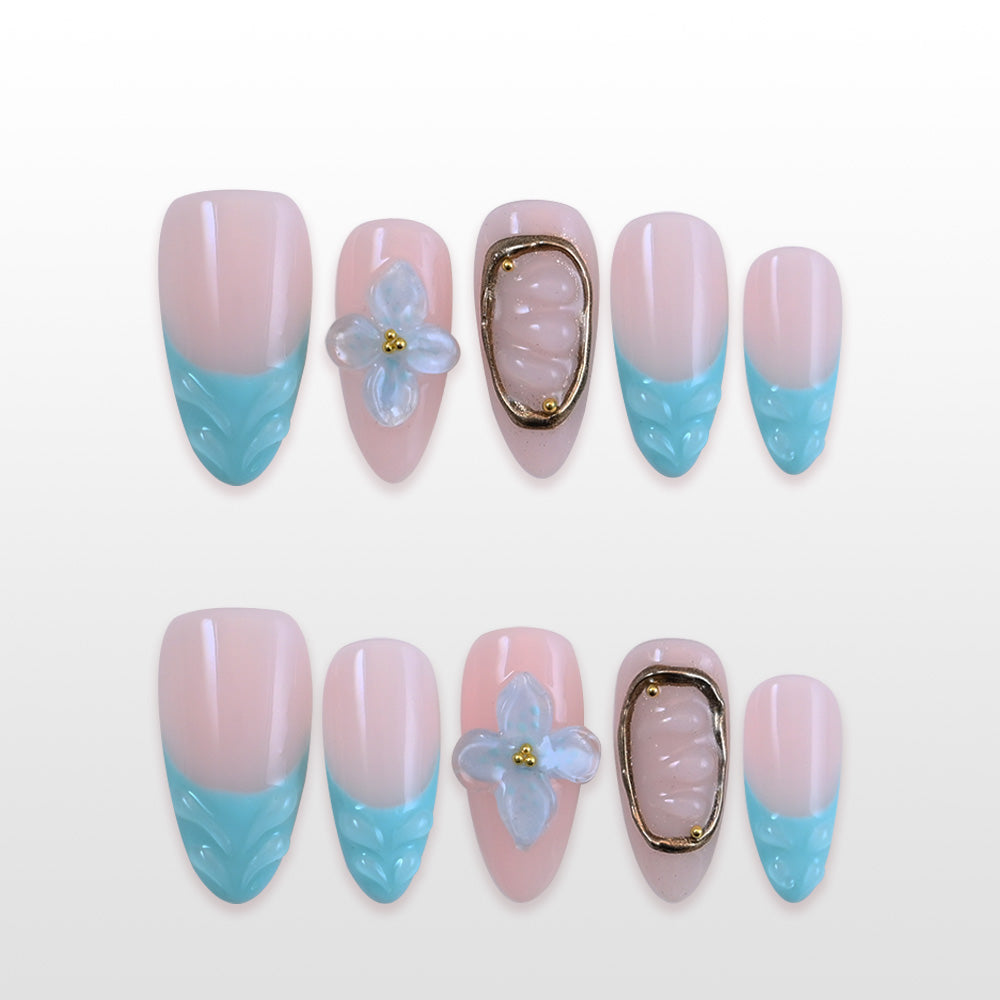 Blue ombre press-on nails with 3D seashell and flower accents