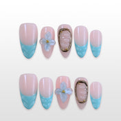Blue ombre press-on nails with 3D seashell and flower accents
