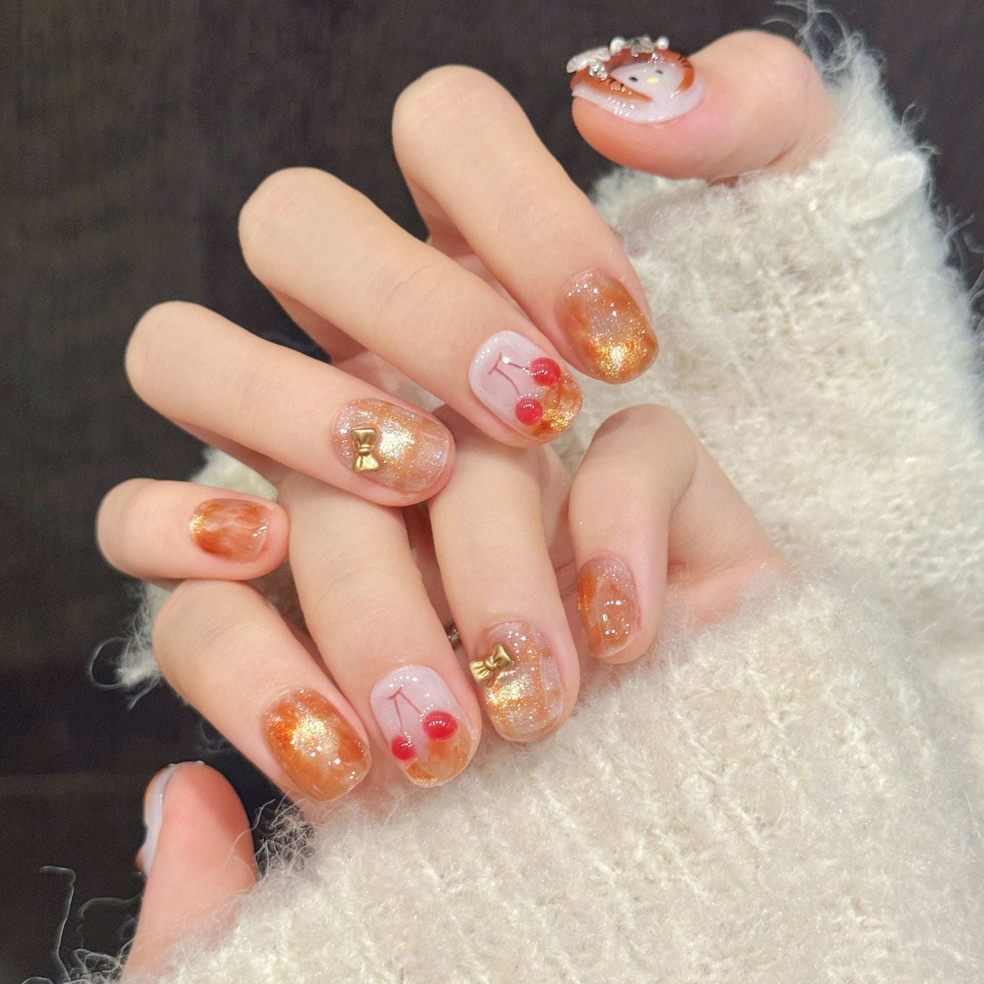 Handmade press on nails with glitter base and 3D tiger art