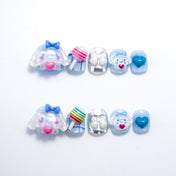Cute blue press-on nails with 3D bunny character, pink heart, and candy design