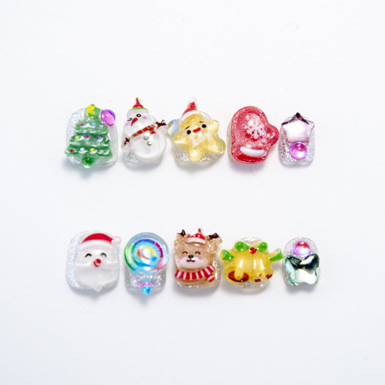 Cute Christmas press-on nails with 3D Santa Claus, snowman, and Christmas tree charms