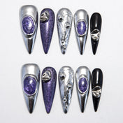 Futuristic press-on nails in metallic silver and galaxy purple