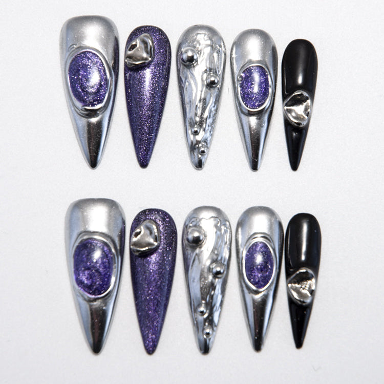 Futuristic press-on nails in metallic silver and galaxy purple