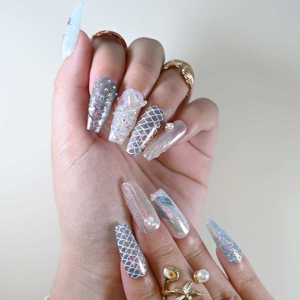 Charmeenail handmade ocean theme press on nails with iridescent glow