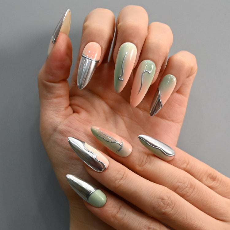 Handmade silver chrome press-on nails with green nude gradient design