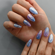 Handmade 3D almond nails with abstract silver lines and chrome accents