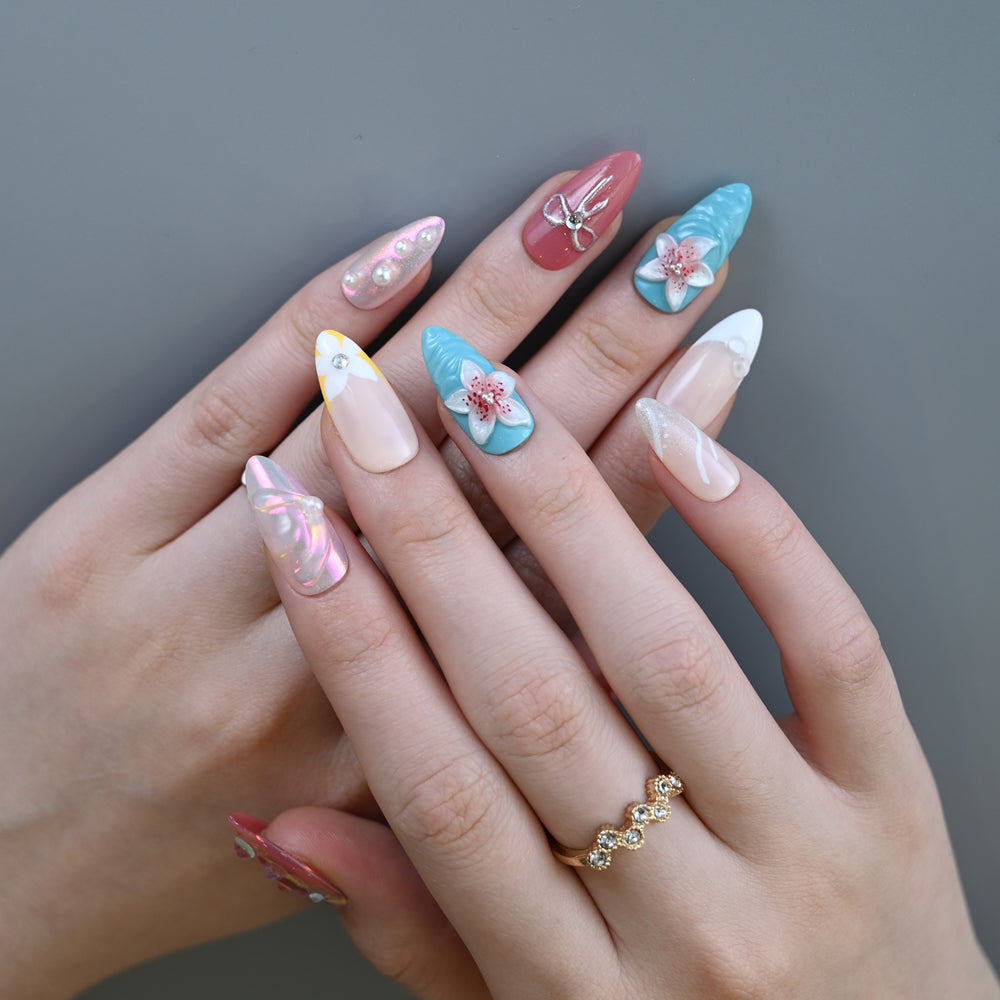 Summer vacation press-on nails with gradient colors, 3D flowers, and rhinestones