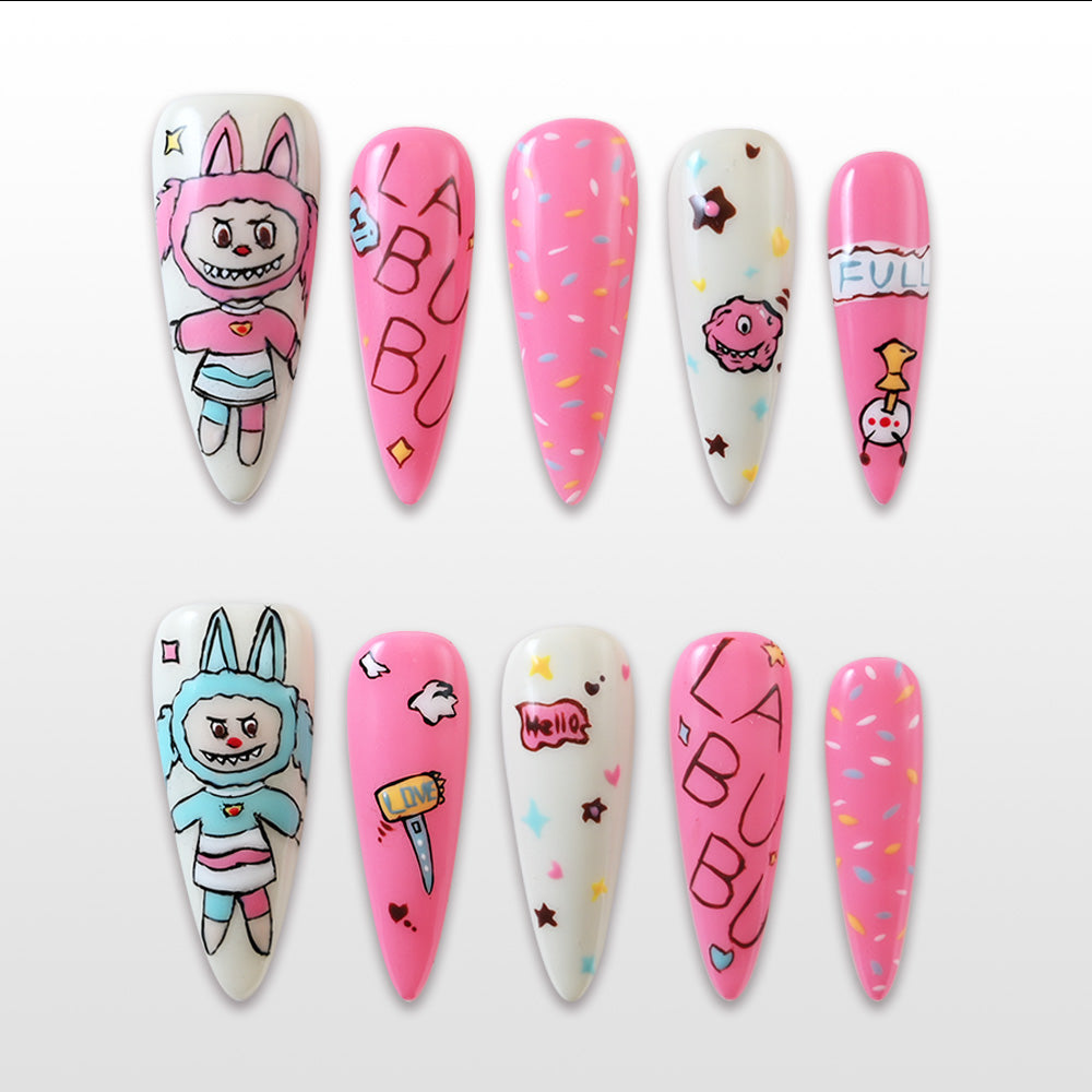Long stiletto press-on nails with cute cartoon bunny character and colorful confetti design