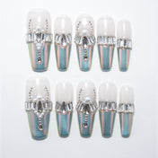 White and chrome gradient press-on nails with pearl and crystal embellishments