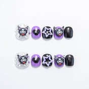 Short square press-on nails with 3D Kuromi charms, purple and black heart designs