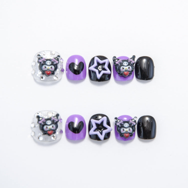 Short square press-on nails with 3D Kuromi charms, purple and black heart designs