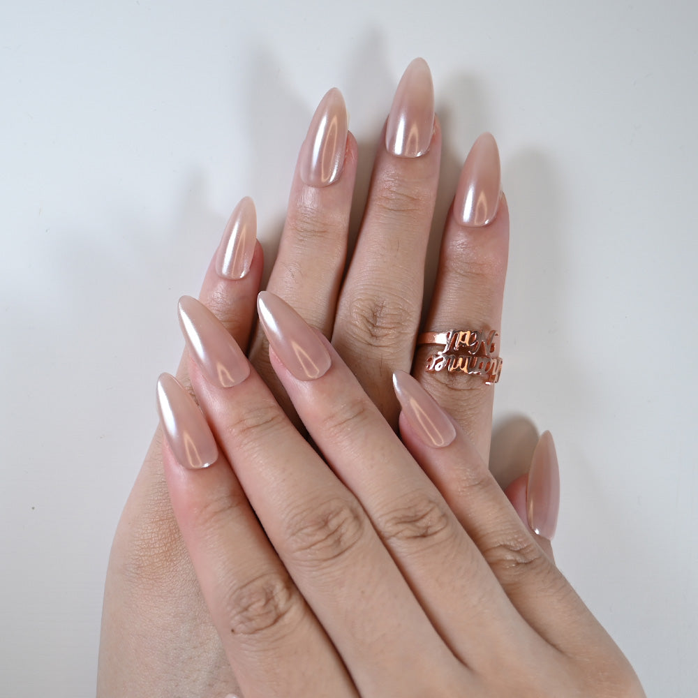 Charmeenail nude almond nails, pearl glow, natural elegant manicure