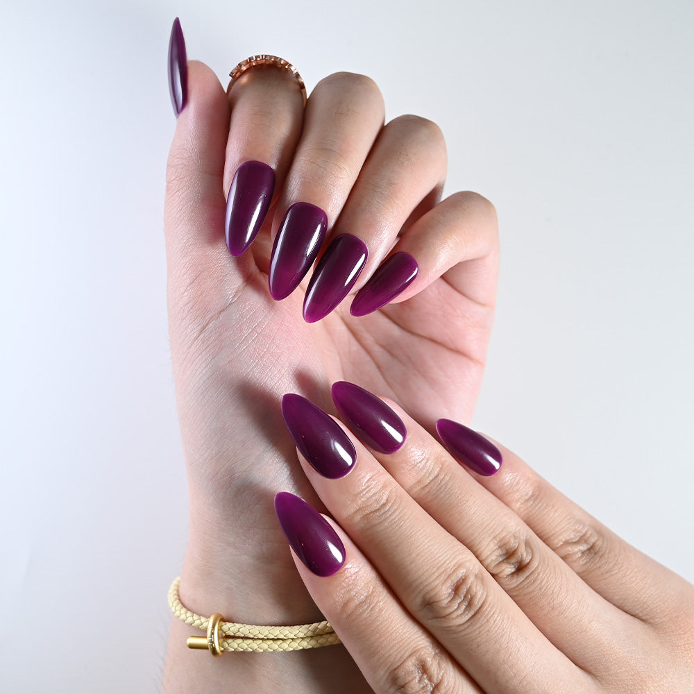 Vibrant purple press on nails, coffin shape, transparent jelly style