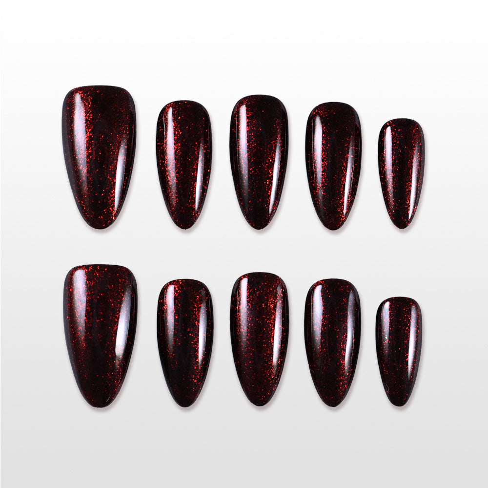 Handmade black red sparkly nails, salon quality