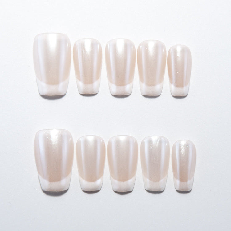 Short coffin press-on nails with pearl white gradient and glossy finish