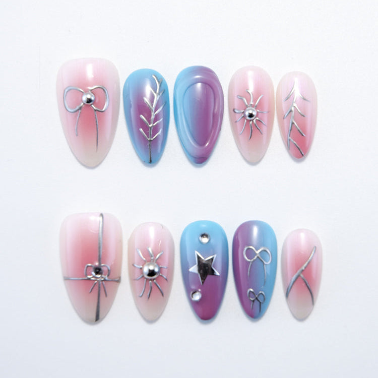 Pink and blue ombre press-on nails with metallic silver line art